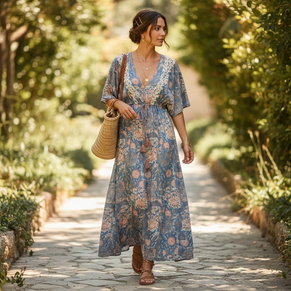 World Market Women Blue BOHO Floral Embroidered Tassel Maxi Dress L/XL #149W